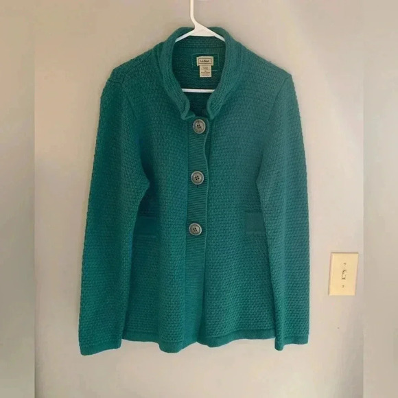 Woman’s L.L.Bean Teal Waffle Knit Button Up Long Sleeve Chunky Cardigan Size M - Picture 1 of 10